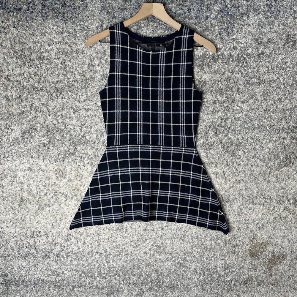 Theory Peplum Sweater‎ Womens Small Navy Windowpane Plaid Kalora Lustrate Top